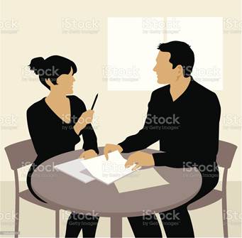 Meeting A man and a woman in a small meeting. Discussion stock vector
